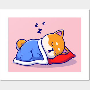 Cute Shiba Inu Dog Sleeping With Pillow And Blanket Cartoon Posters and Art